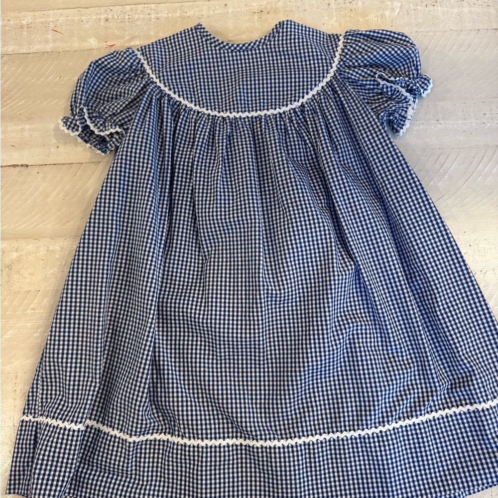 Vintage Blue Gingham Dress with White Trim